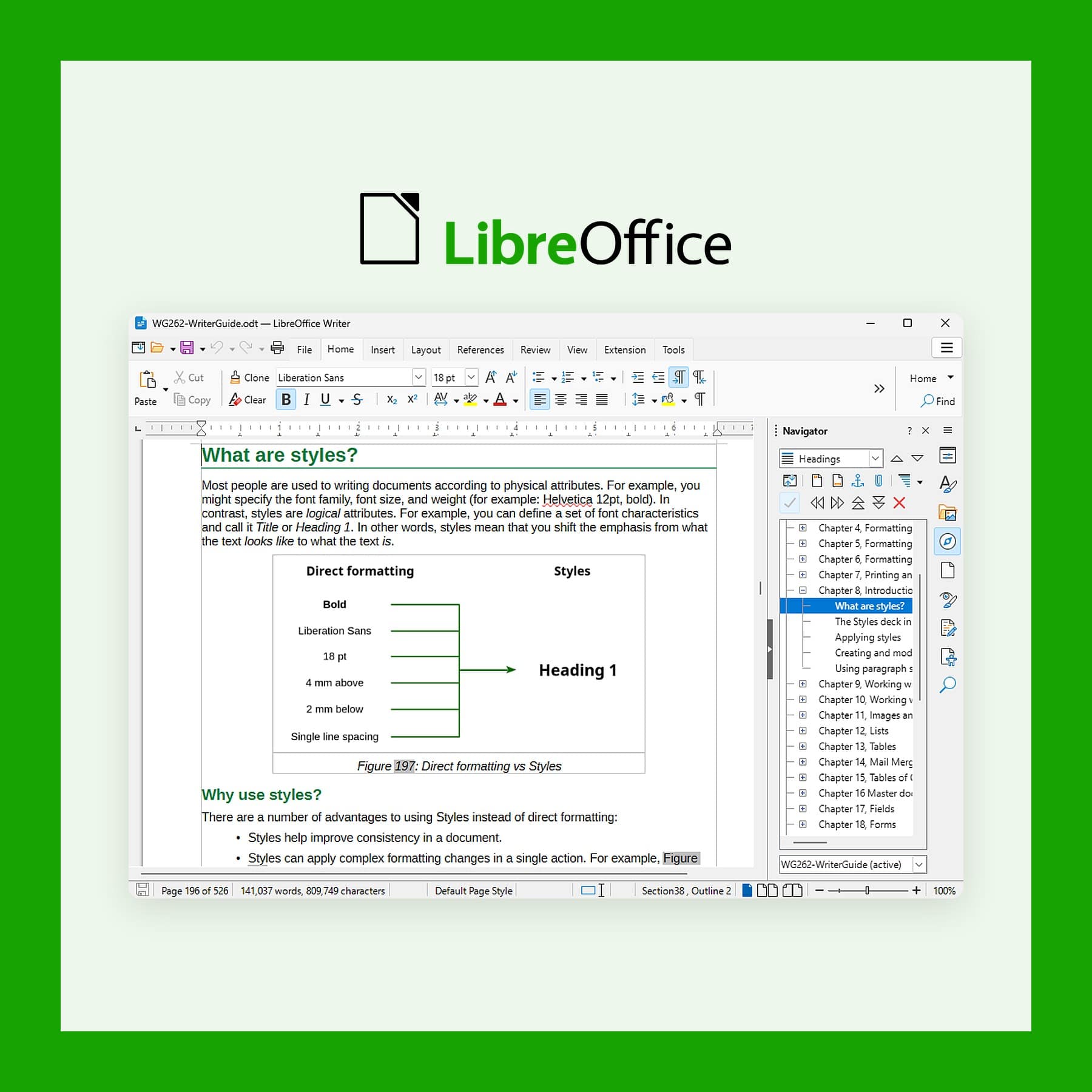 LibreOffice Writer editing a document with the tabbed toolbar and navigator open