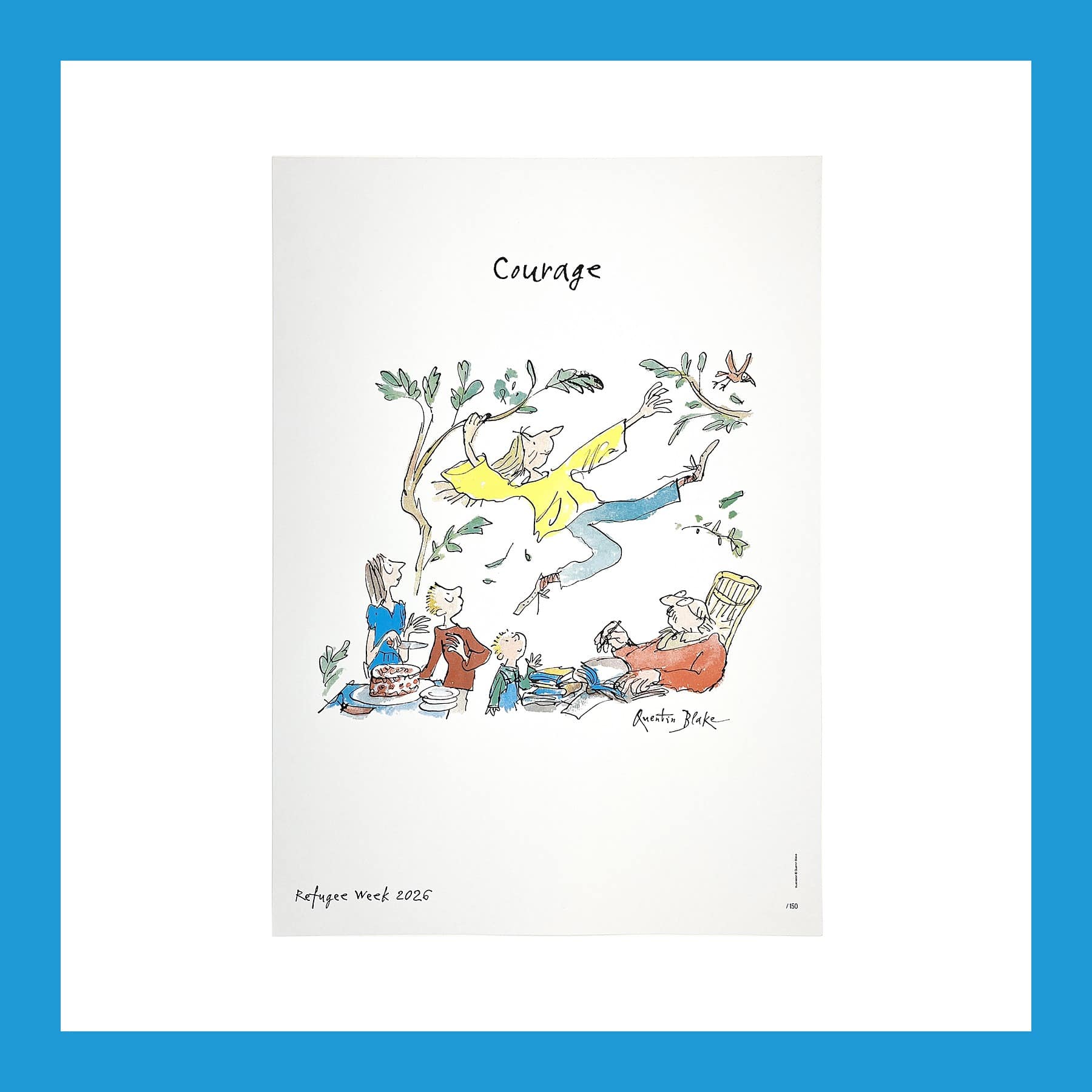Quentin Blake Courage screen print with a woman swinging from a tree above a family with cake and books