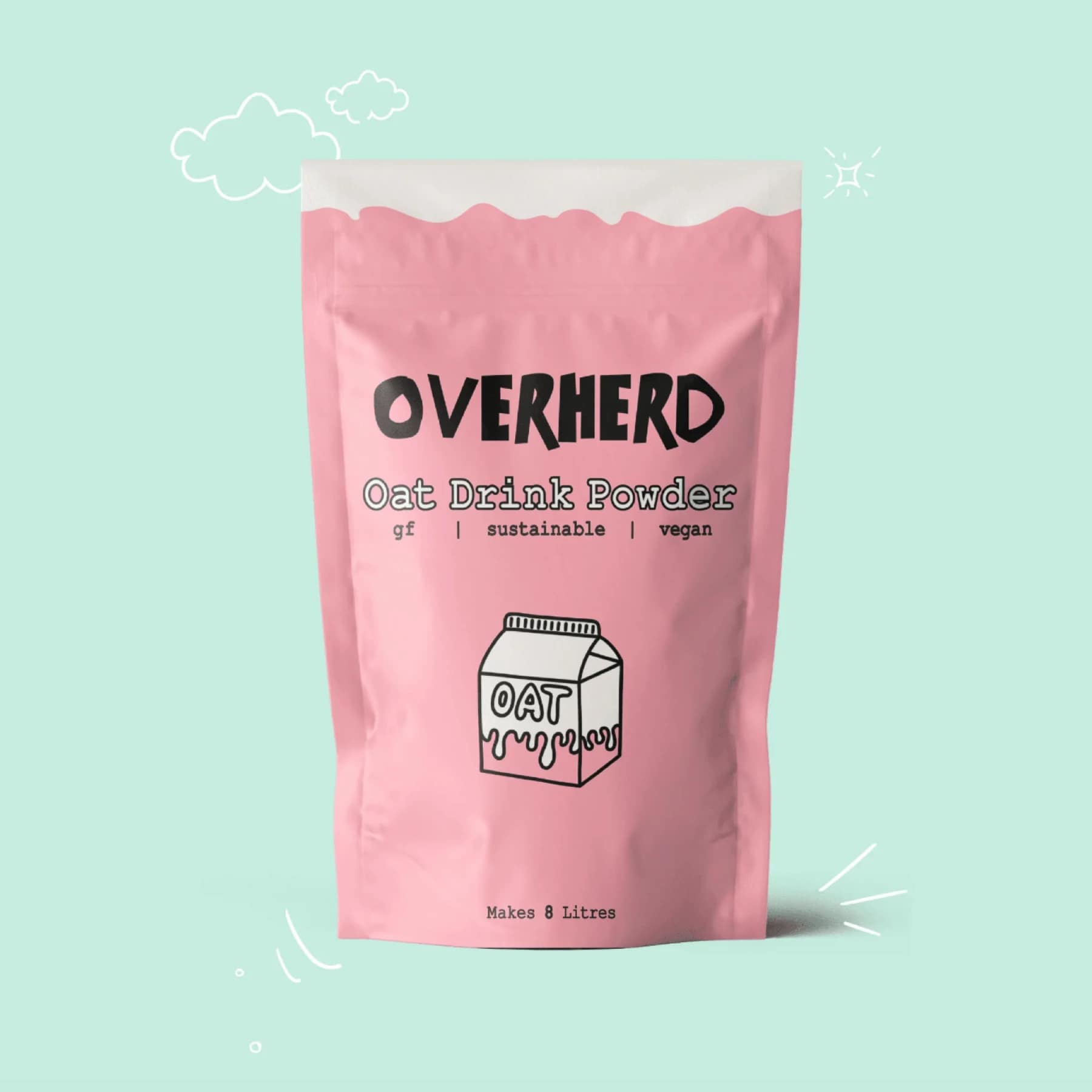 A pastel pink pouch of Overherd oat milk powder against a light green background. Vegan, gluten-free, and sustainable, this oat drink powder makes 8 litres of fresh oat milk. Get 15% off with our link!