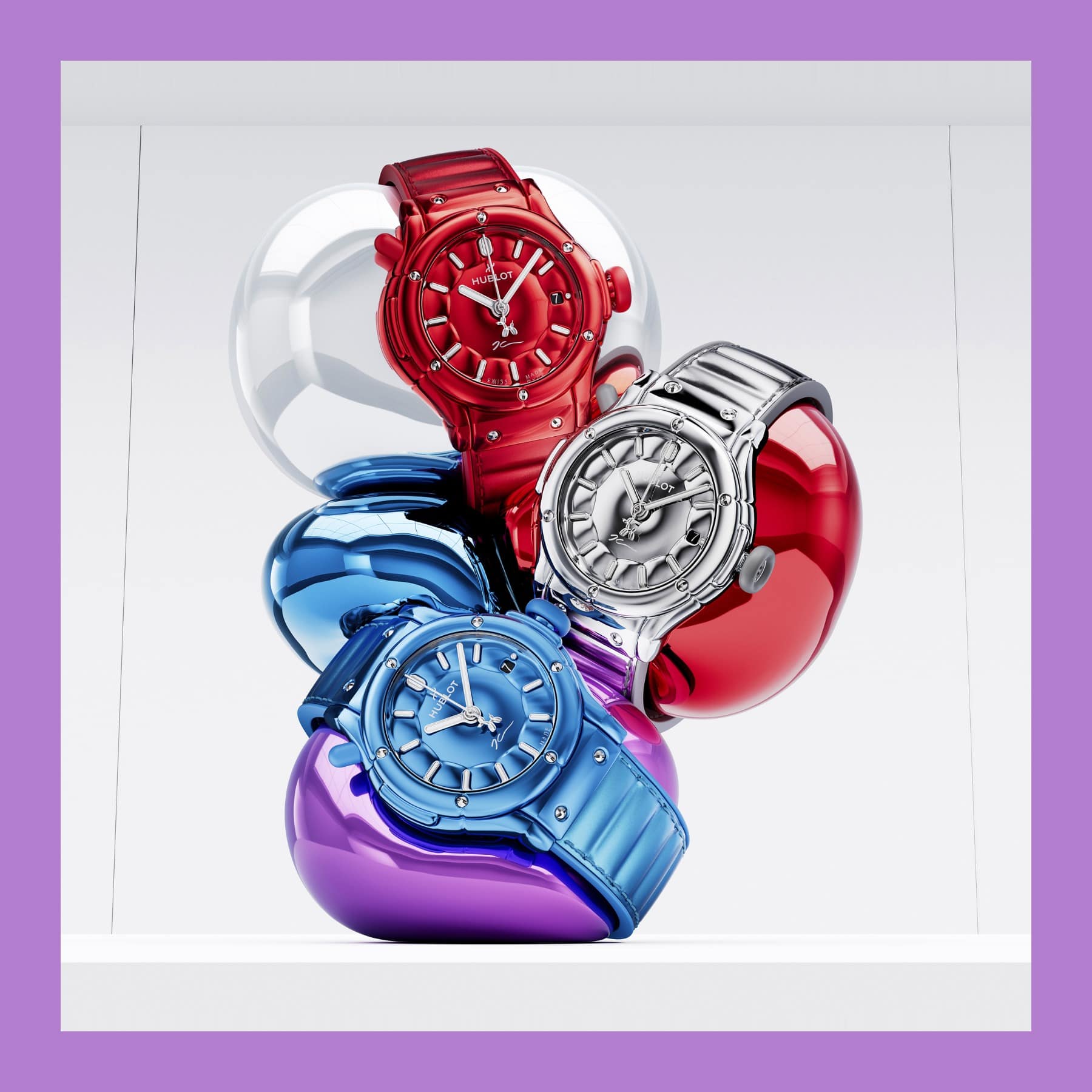 Blue, red and silver Hublot Balloon Dog watches stacked on mirrored balloon shapes