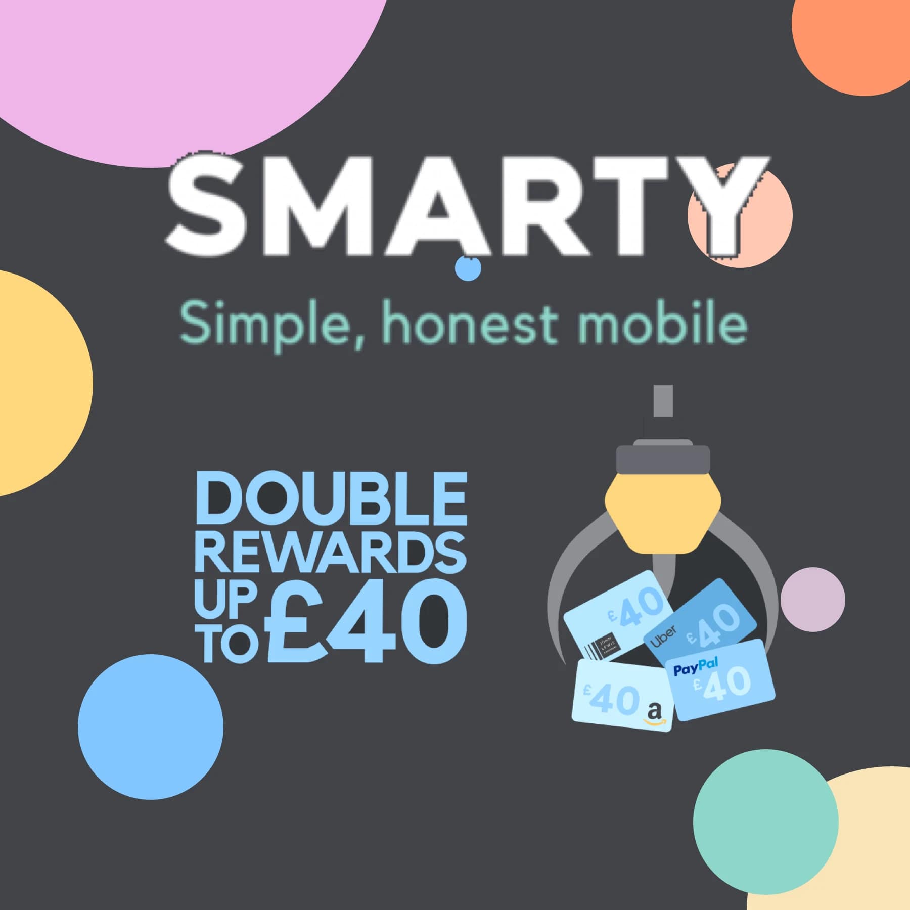 SMARTY mobile refer a friend double rewards promotion showing £40 gift cards for Uber, Amazon and PayPal