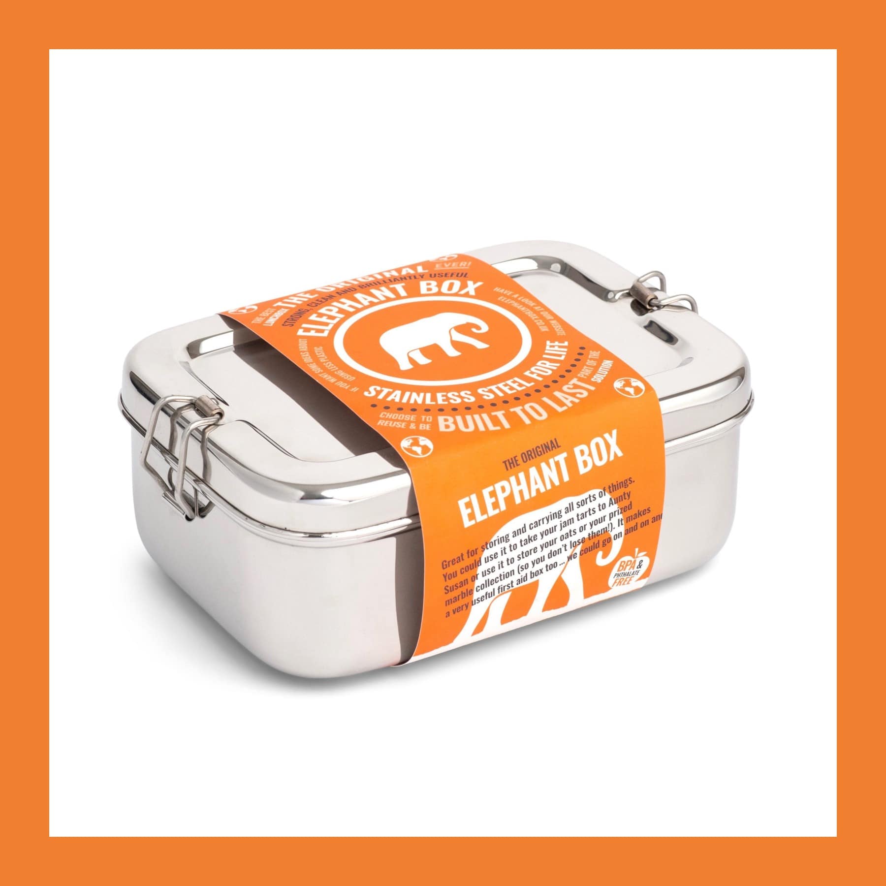 The Elephant Box 2 litre stainless steel lunchbox with two roll clips and an orange paper sleeve