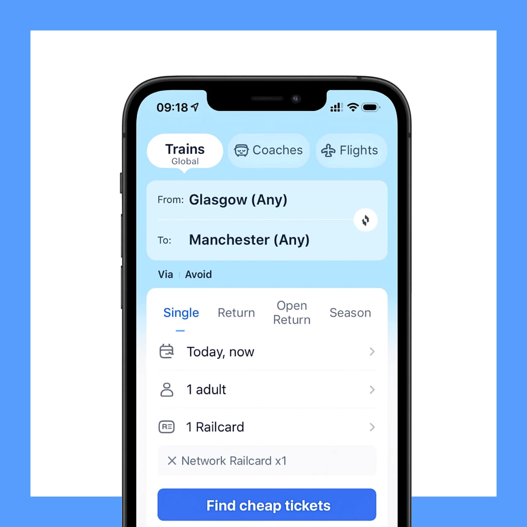 TrainPal app screen showing ticket search from Glasgow to Manchester on iPhone – find cheap UK train tickets with no booking fees.