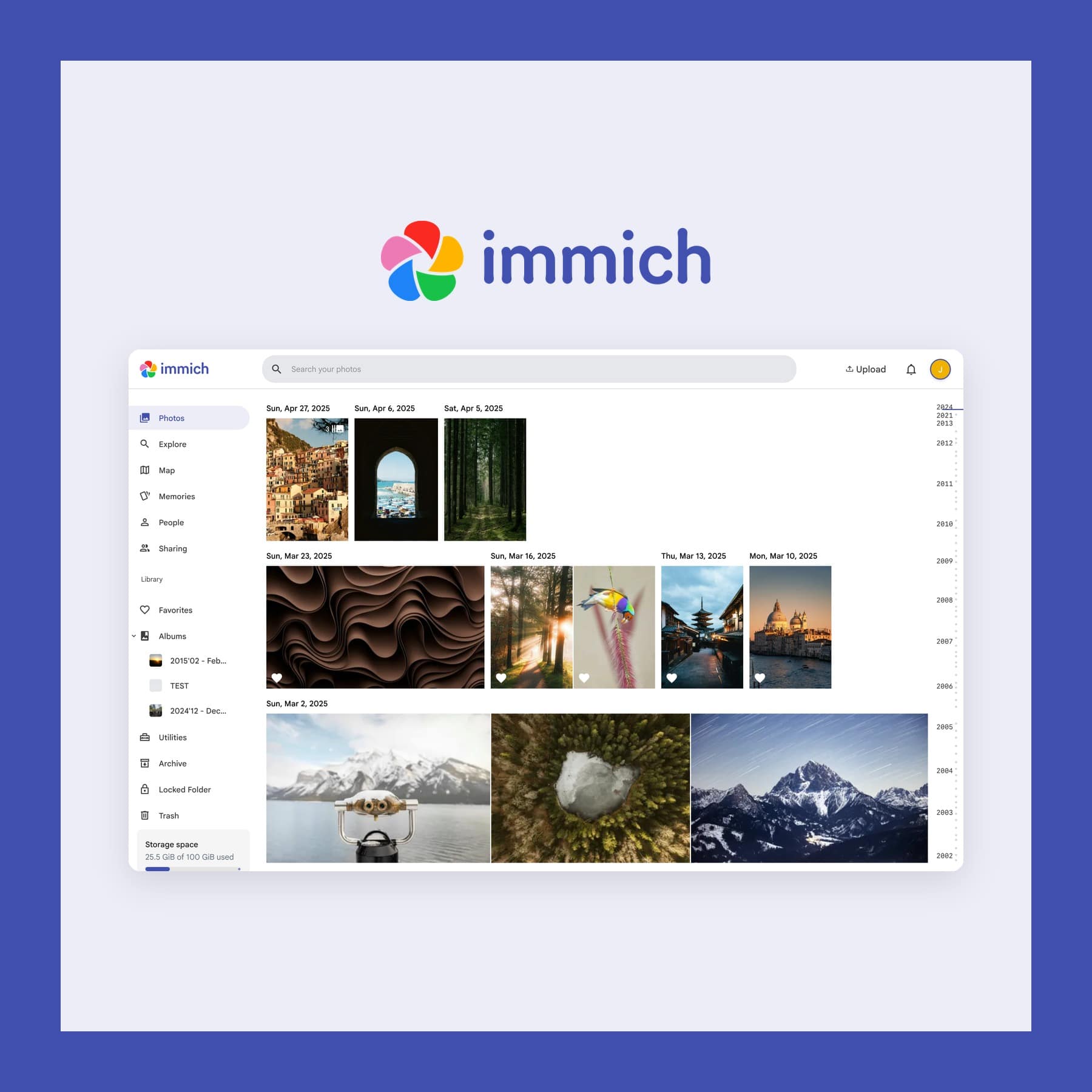 Immich photo timeline in a web browser with a photos grid and sidebar