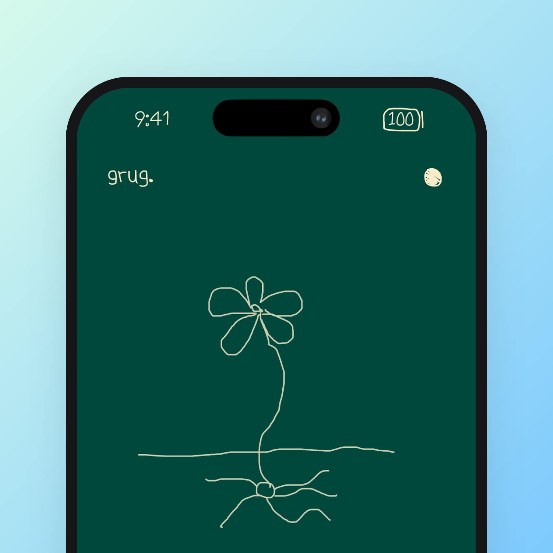 The grug app on an iPhone, showing a hand-drawn flower on a dark green page under the grug wordmark