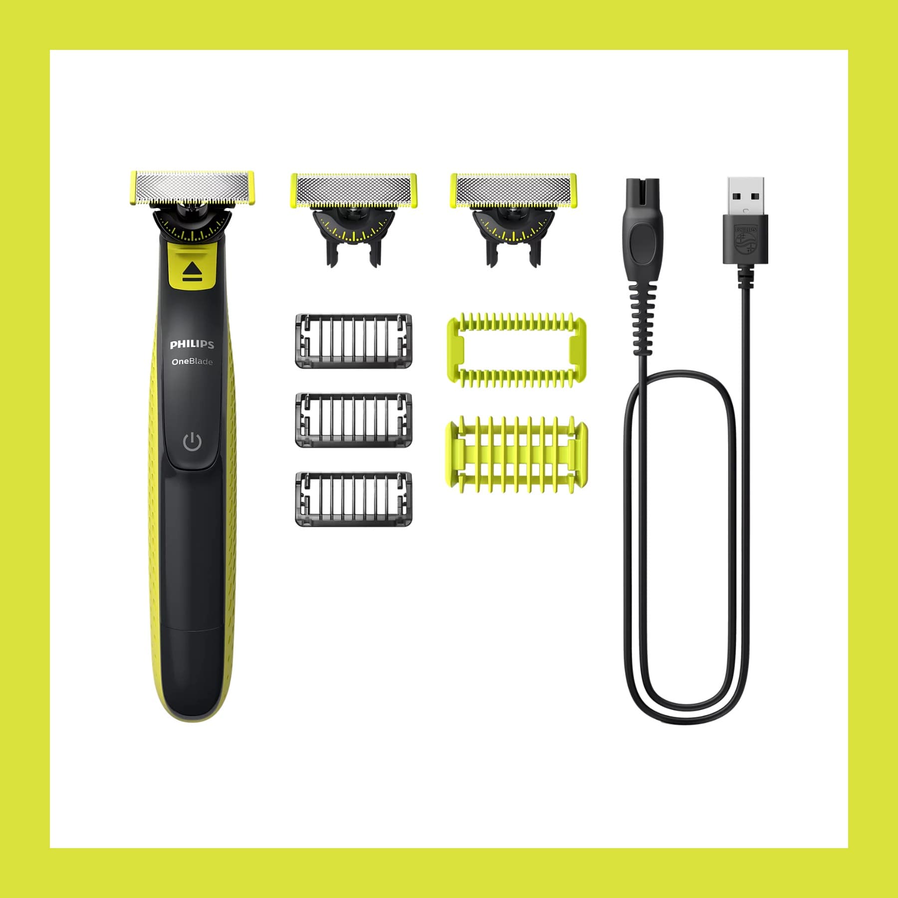The Philips OneBlade 360 Face + Body handle laid out with three blades, three stubble combs, the body comb, skin guard and USB cable, inside a lime border.