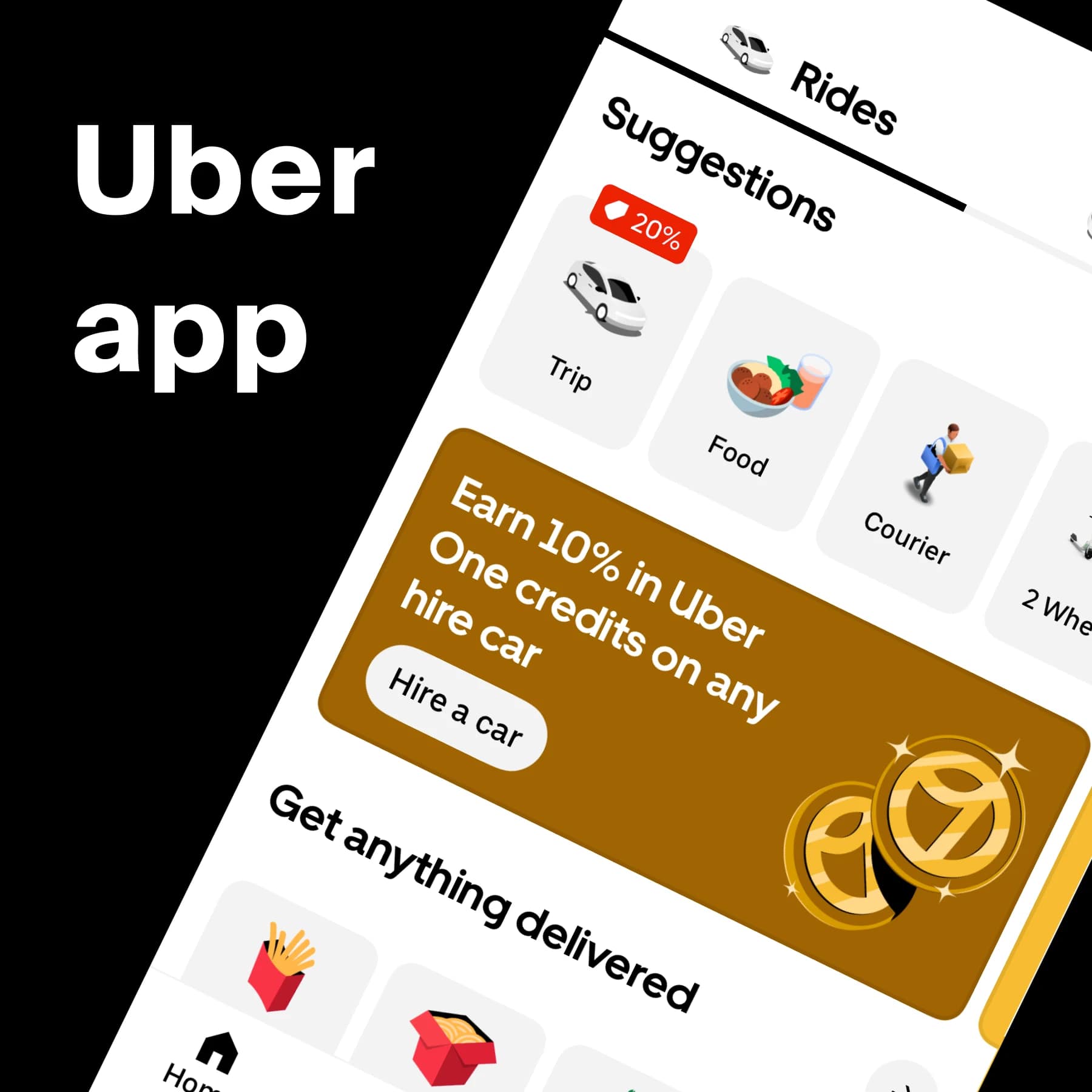 Uber app home screen displaying Rides, Food, and Courier options with an Uber One hire car credits promotion