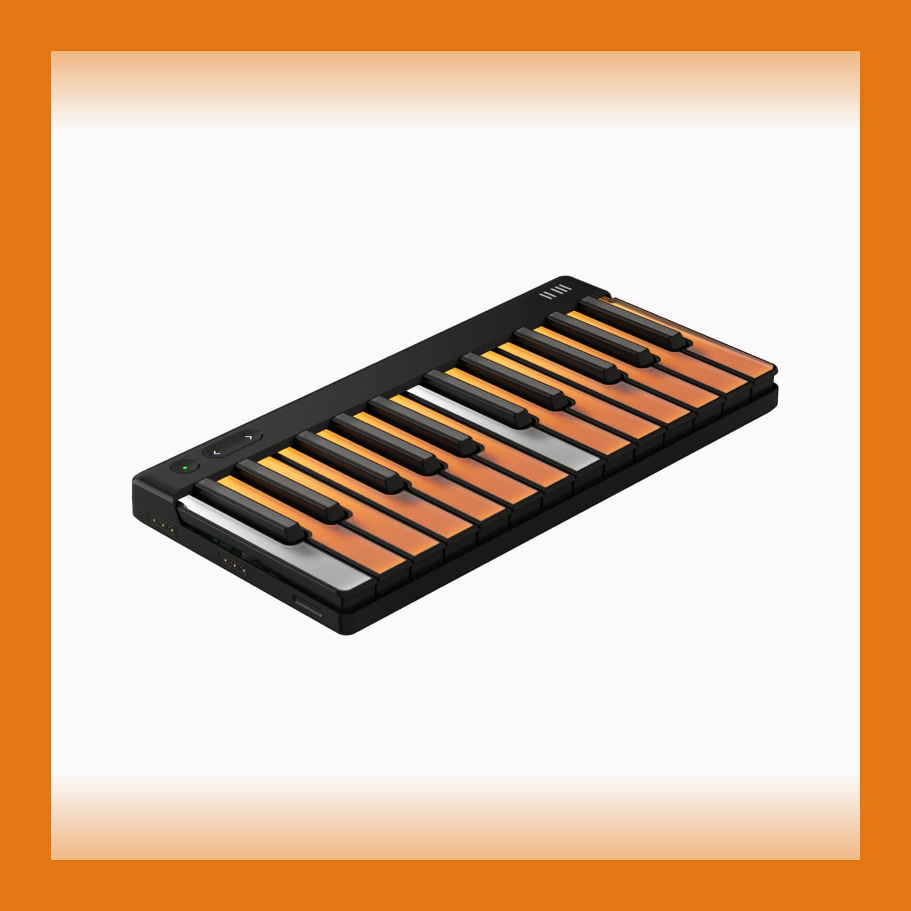 ROLI Piano M portable keyboard with 24 illuminated keys glowing amber and white