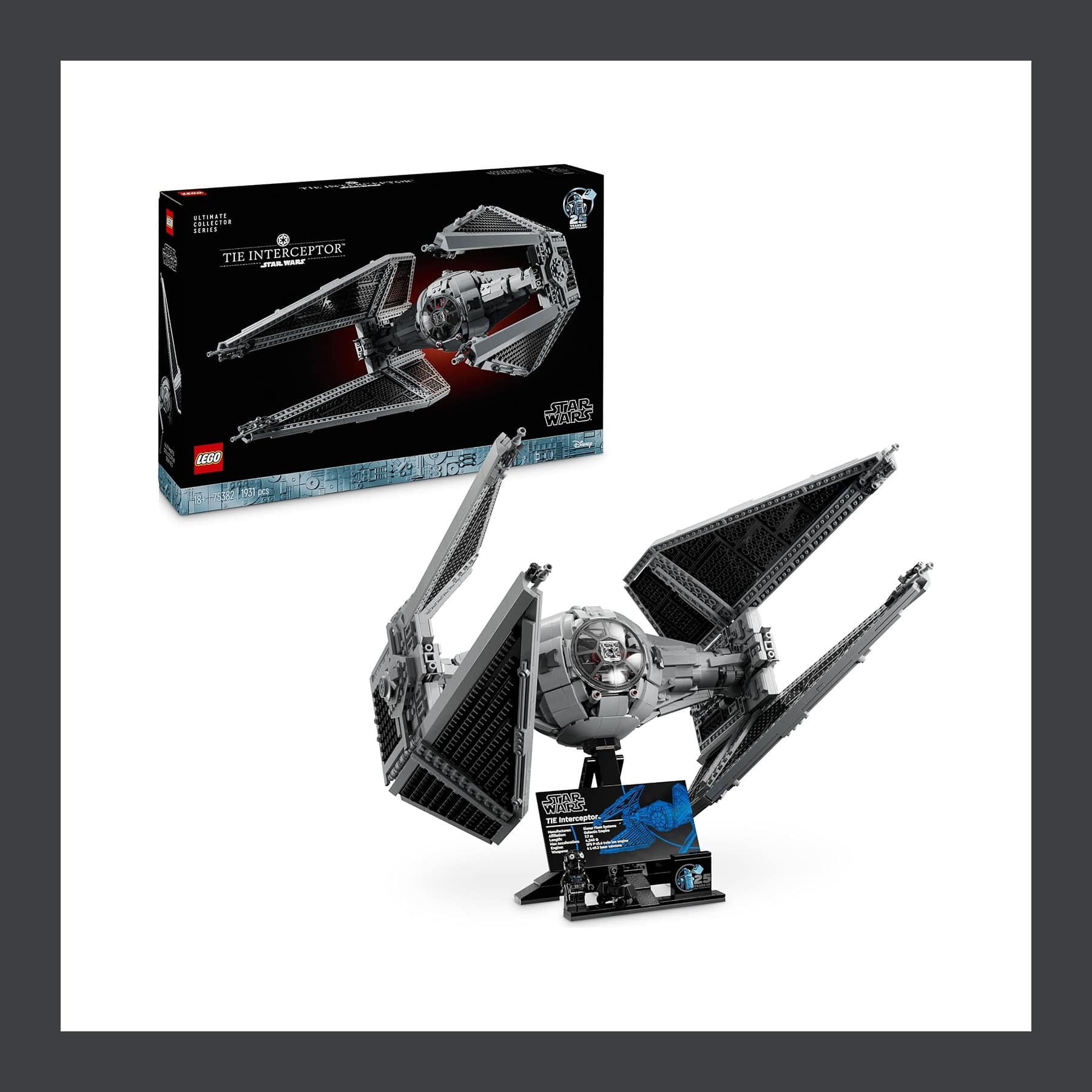 LEGO Star Wars UCS TIE Interceptor 75382 built on its display stand beside the box