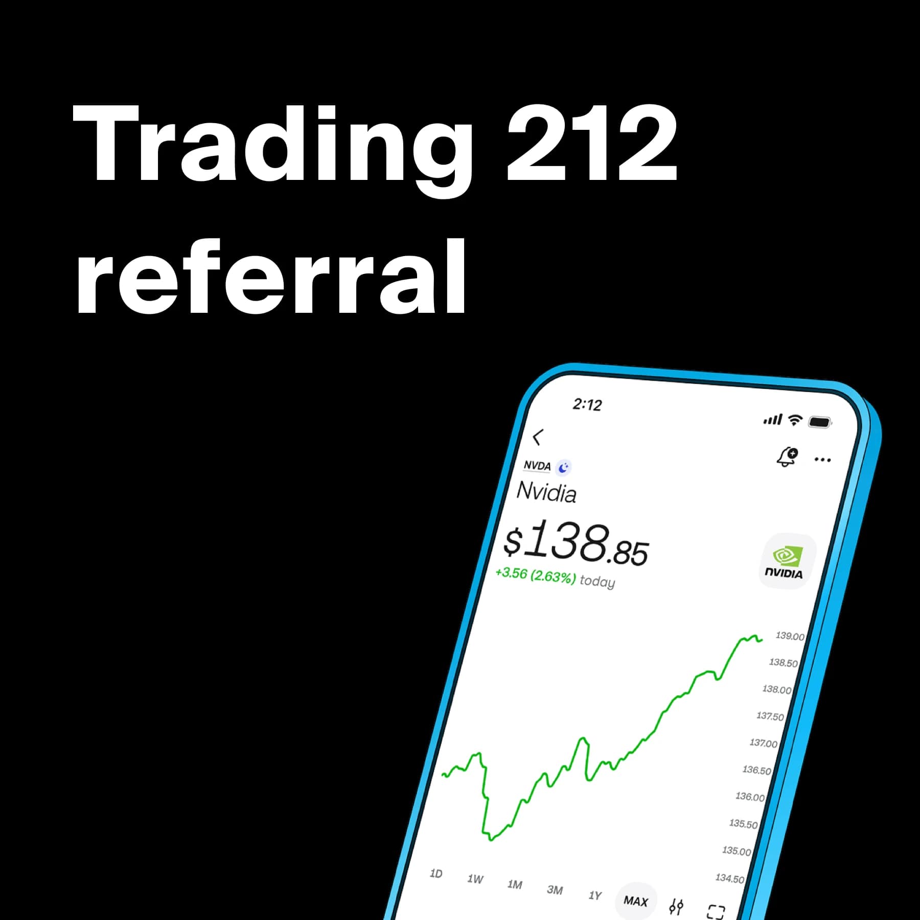 Trading 212 referral code graphic showing the app on a phone with a stock chart and “Trading 212 referral” text.