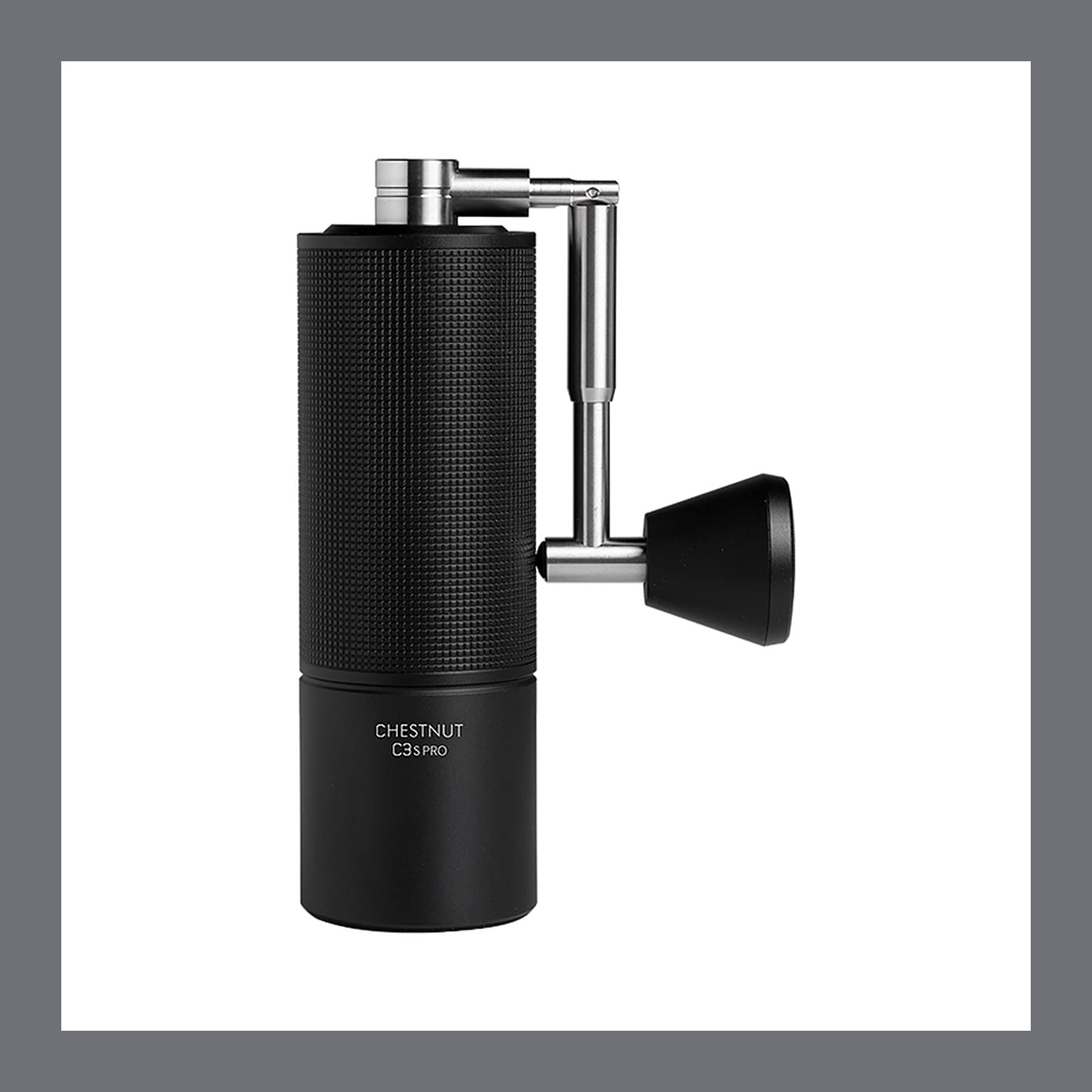 Timemore Chestnut C3S Pro hand grinder in black, shown upright with the folding handle attached