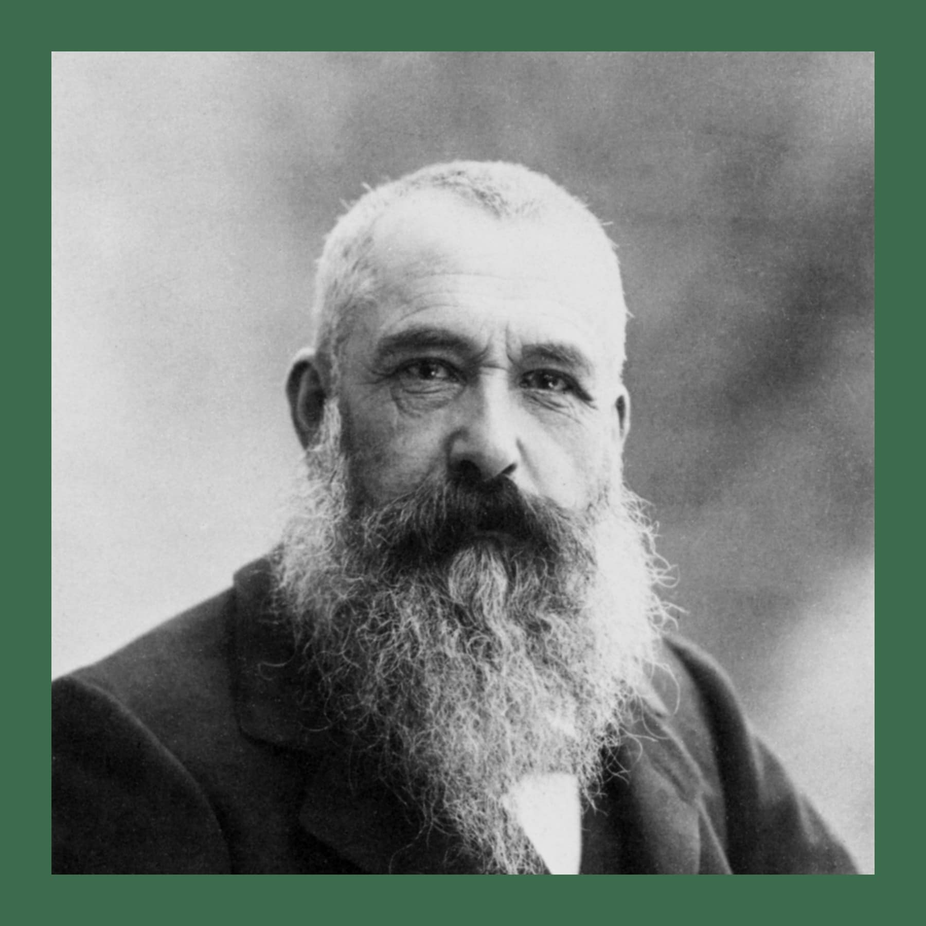 Black and white portrait of Claude Monet with a long white beard, in a dark jacket