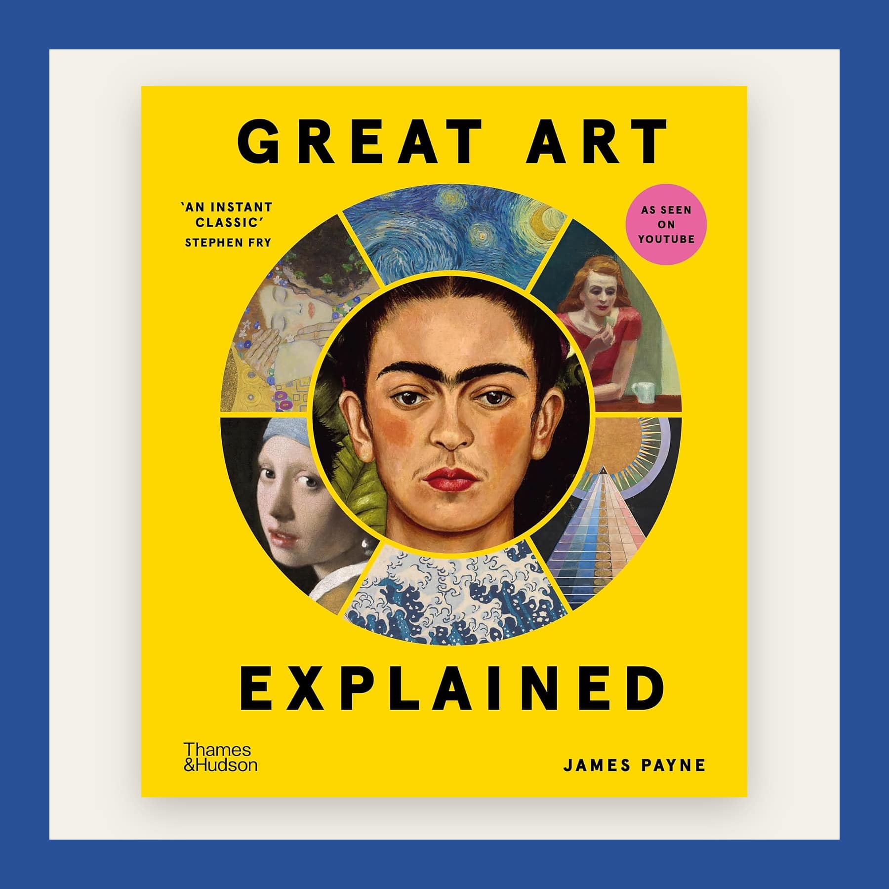 Yellow cover of Great Art Explained with a circle of famous paintings around Frida Kahlo, in a blue frame