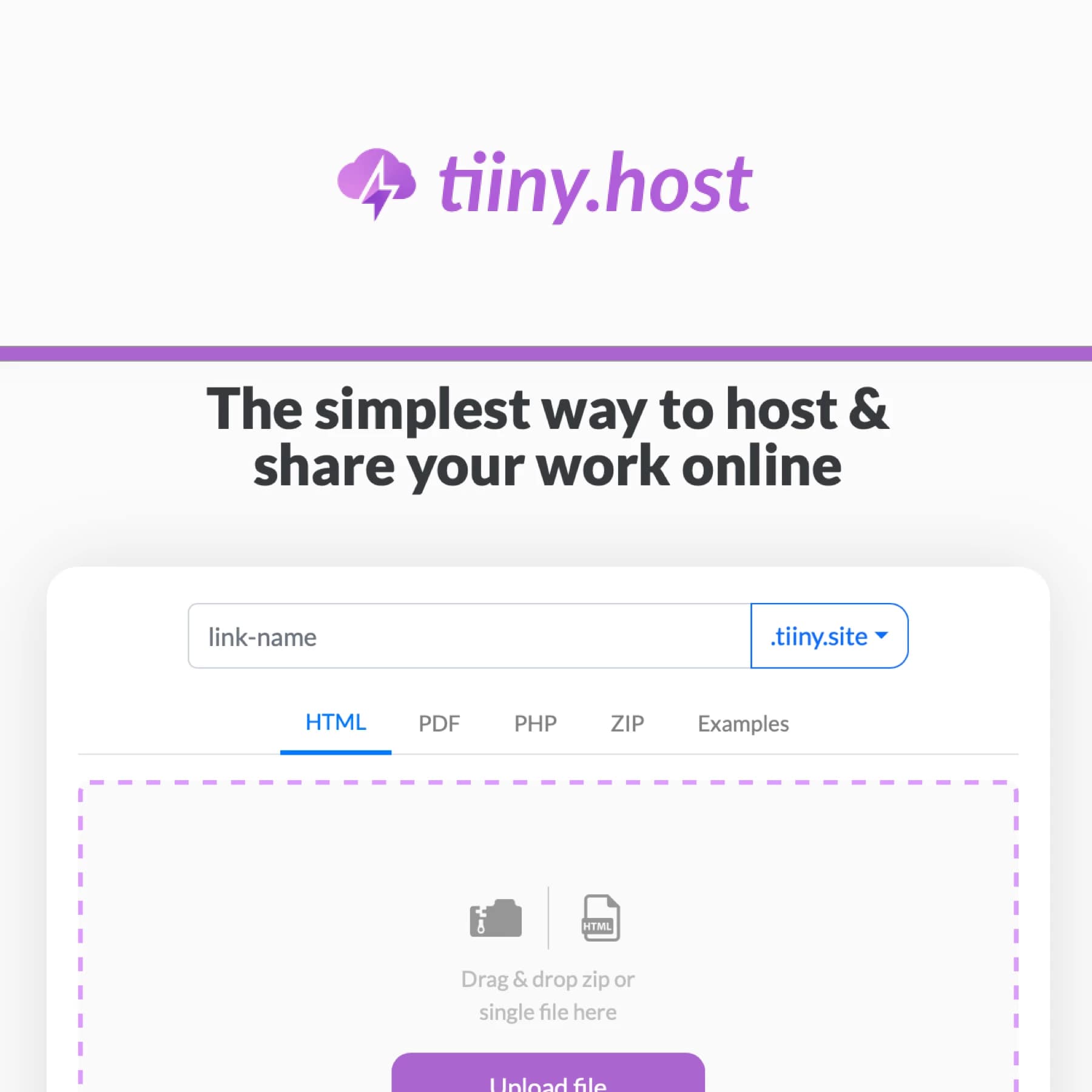 The Tiiny Host interface showcasing its simple drag-and-drop feature for hosting and sharing files or websites. Ideal for quick file sharing and static website hosting.