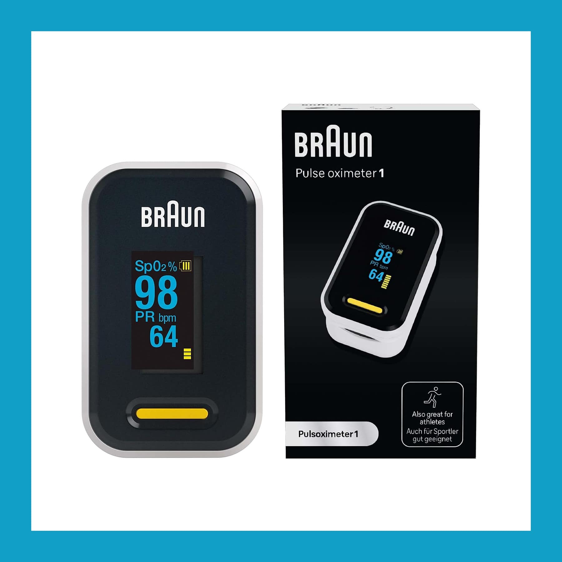 Braun Pulse Oximeter 1 showing SpO2 98 and pulse 64 on its screen, next to its black retail box