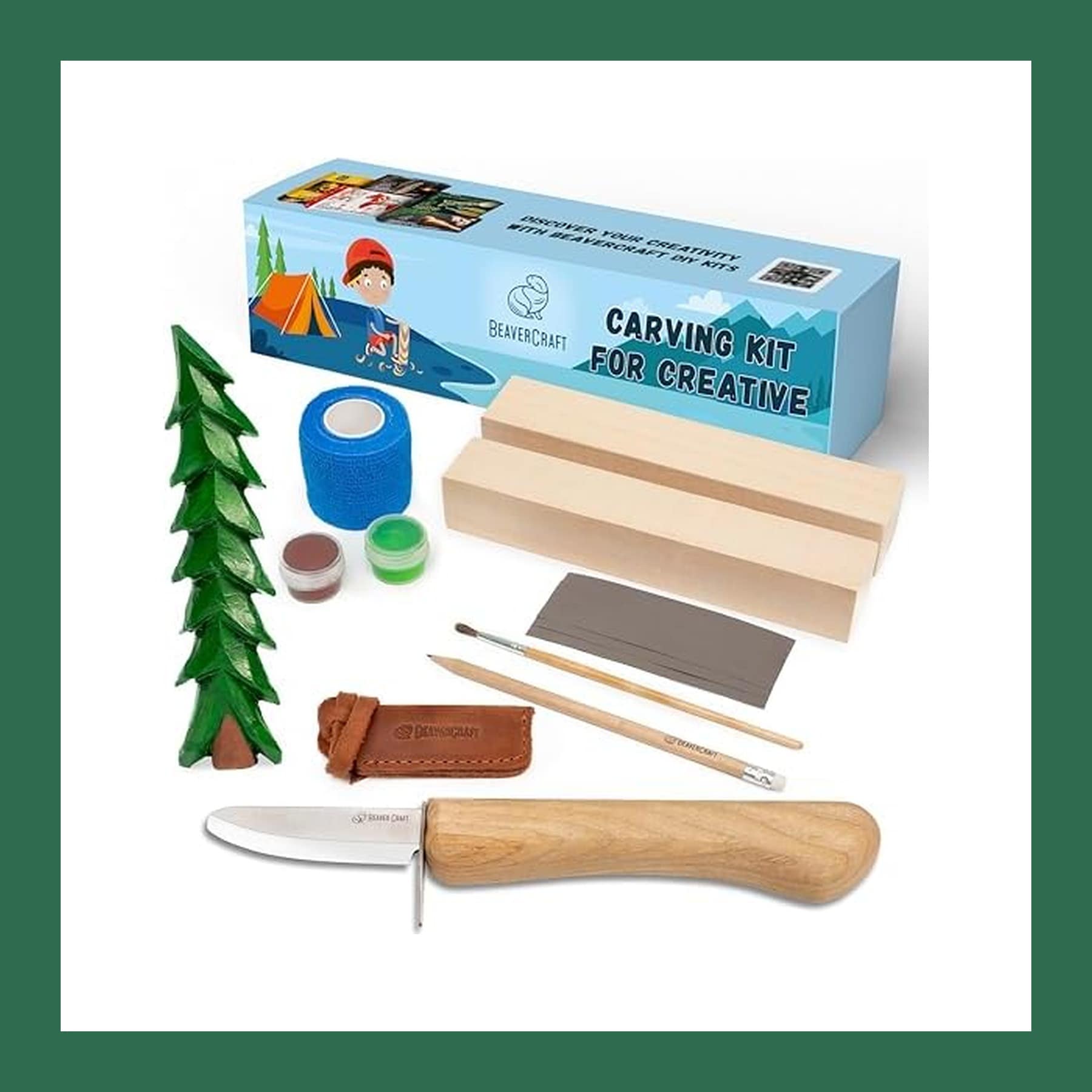 BeaverCraft DIY 08 wood carving kit: whittling knife with sheath, two basswood blocks, paints, brush, pencil, sandpaper, tape and a carved spruce tree