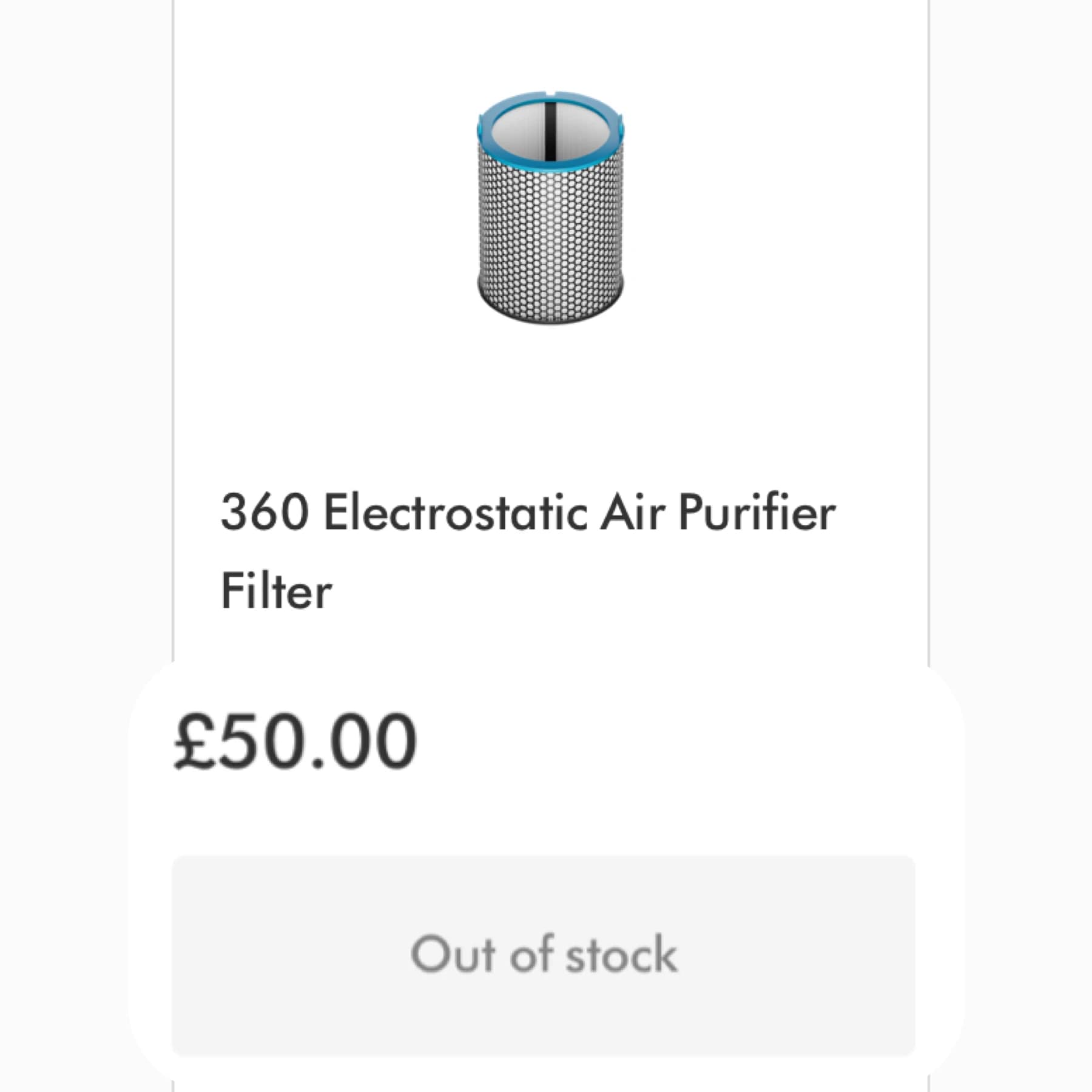 Dyson UK spare parts page showing the 360 electrostatic air purifier filter at 50 pounds and out of stock