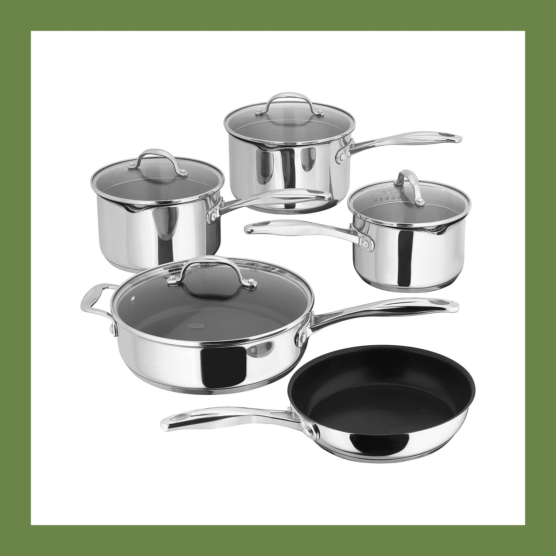 Stellar Profile set: three draining saucepans with glass lids, a lidded 24cm sauté pan and a 20cm non-stick frying pan