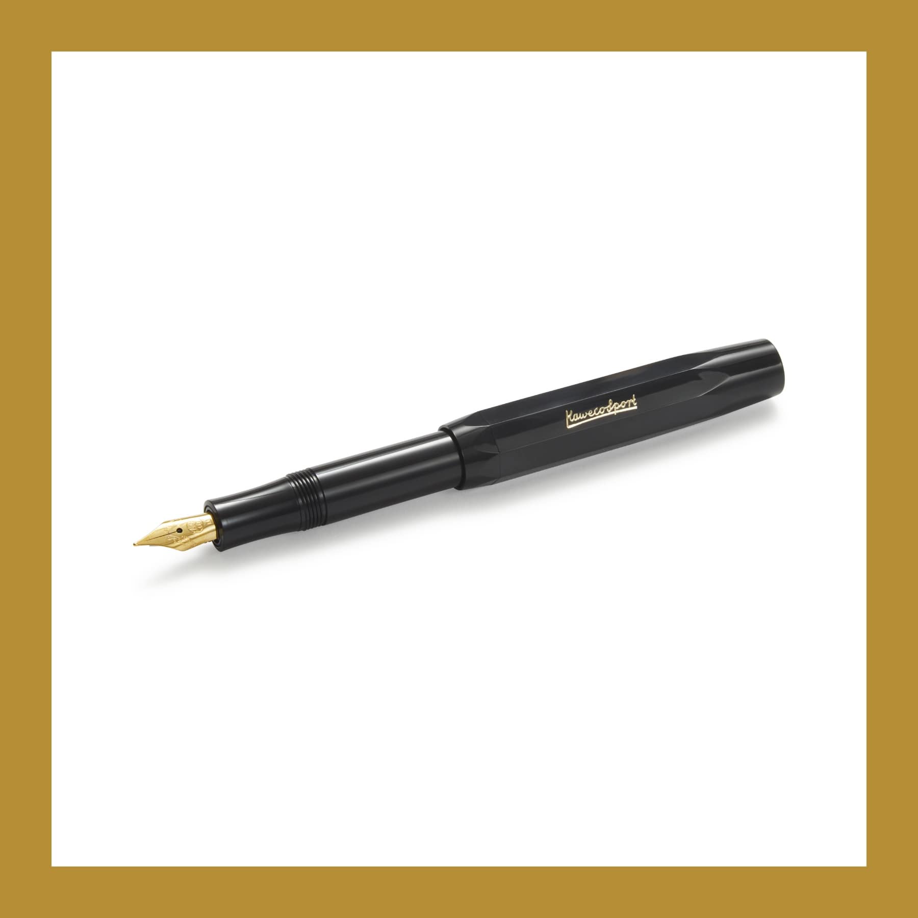 Kaweco Classic Sport fountain pen in black with a gold-plated nib, cap posted, on a white background