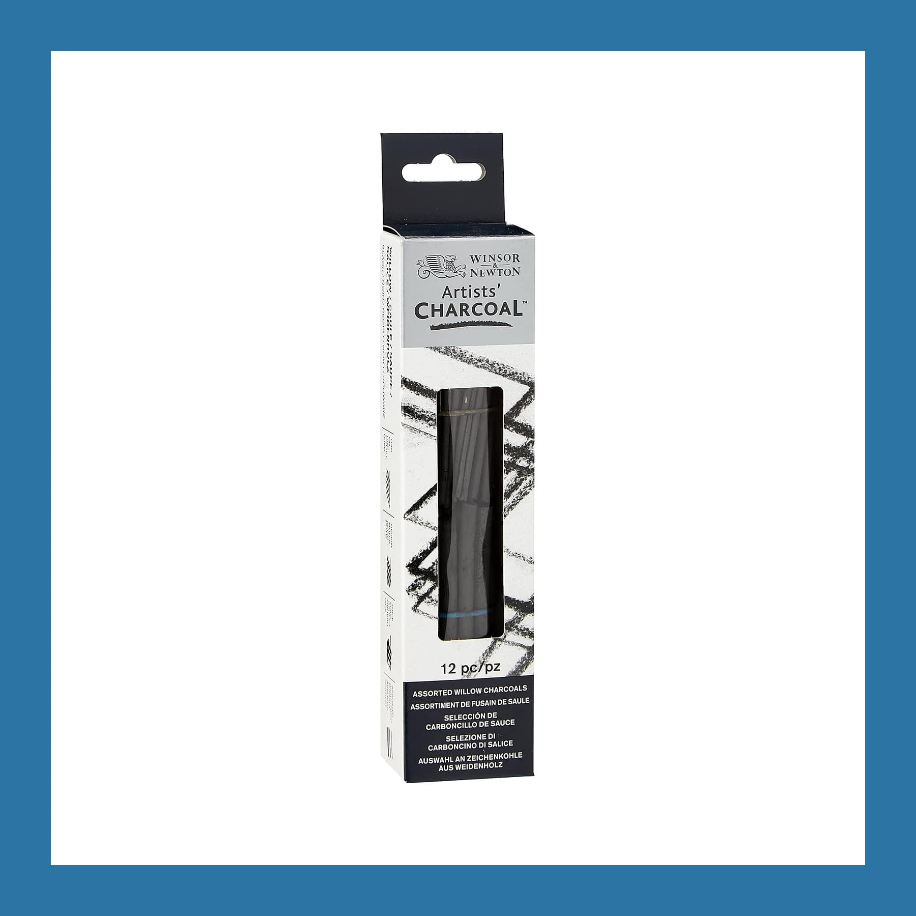 A 12-piece pack of Winsor & Newton Artists assorted willow charcoal in its window box