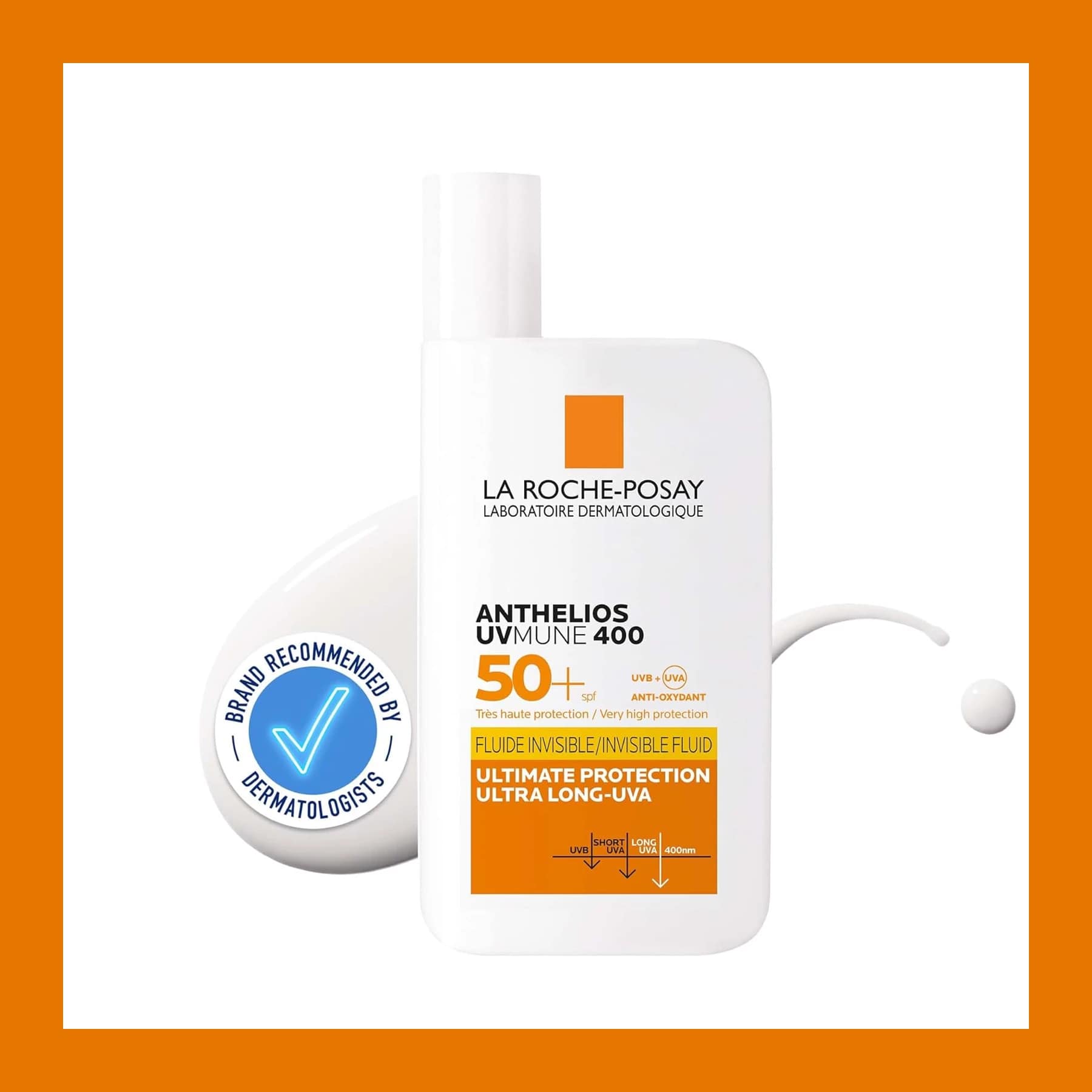 La Roche-Posay Anthelios UVMune 400 SPF50+ ultra-light invisible fluid sunscreen for sensitive skin, with orange label and dermatologist badge