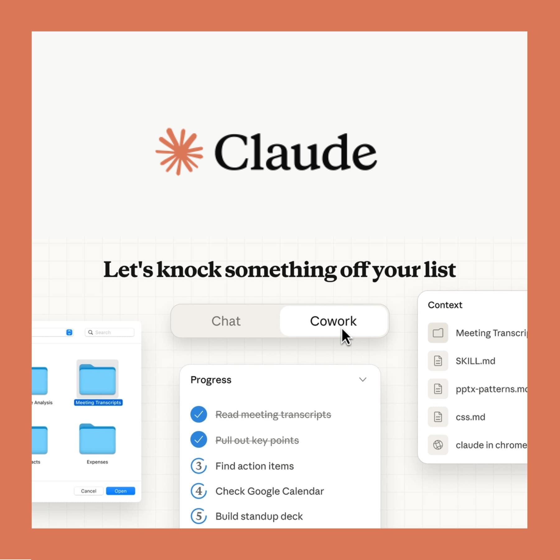 Claude Cowork interface showing a task progress checklist, file folders and a context panel of documents