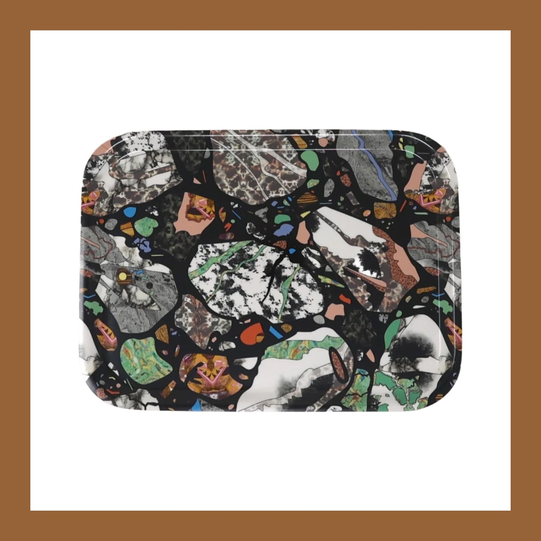 Glazed wooden tray printed with Bethan Laura Wood's marbled Seamless terrazzo pattern