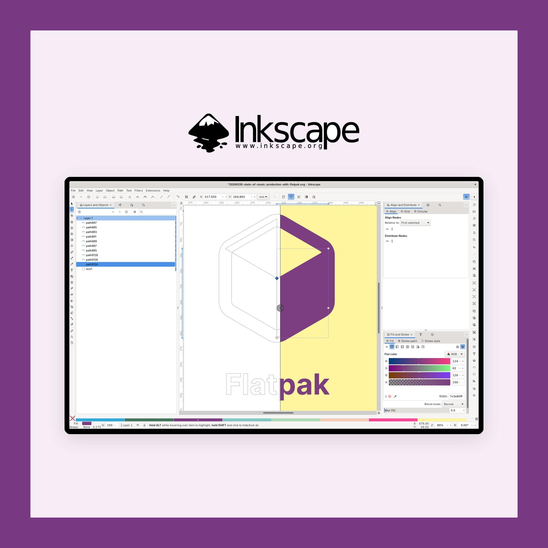 Inkscape window with a vector logo on the canvas and layers and fill panels docked