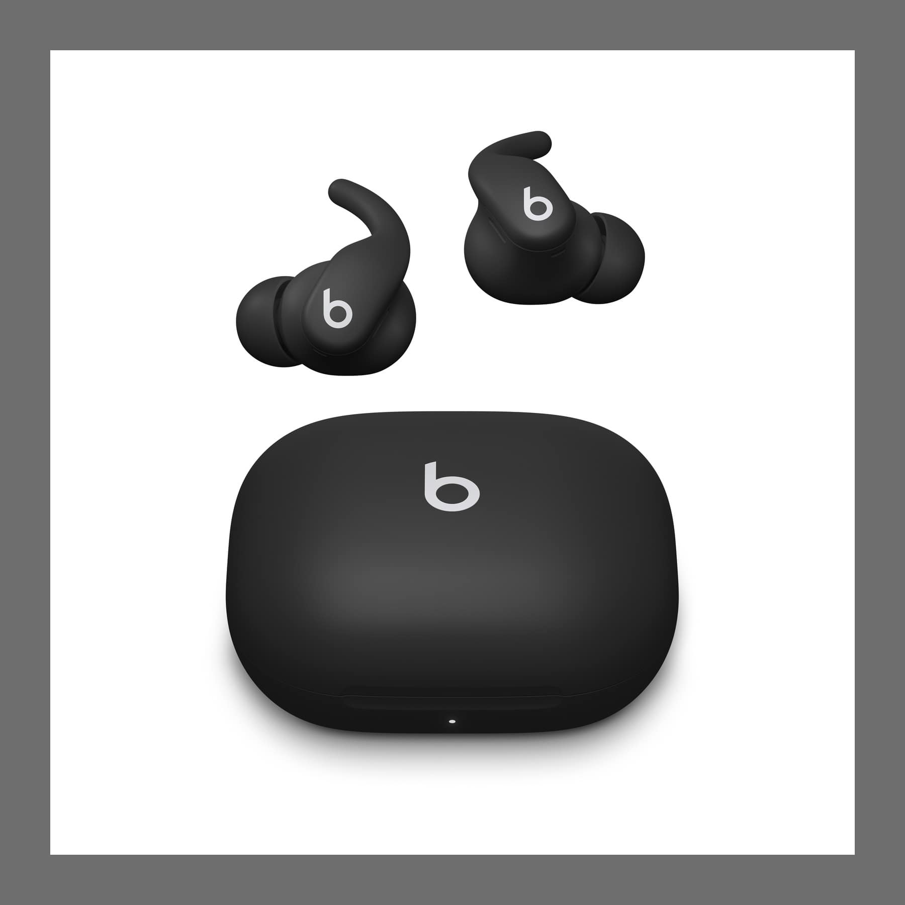 Powerbeats Fit wireless earbuds in Jet Black above their closed charging case