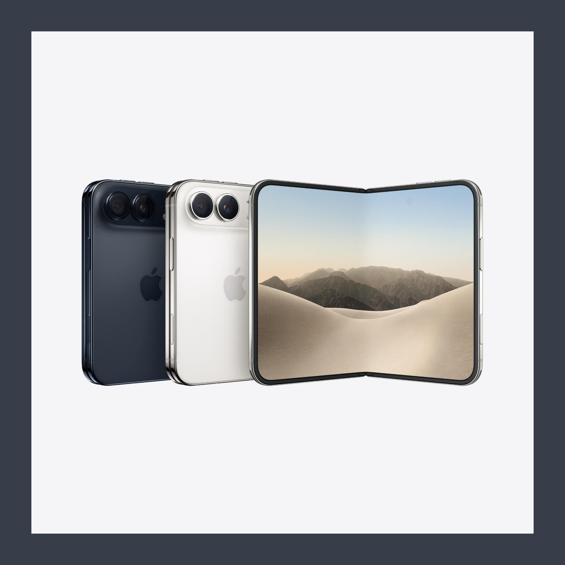 iPhone Duo in Night Sky and Star White from the back, beside a third Duo opened out to show its 7.6-inch folding screen