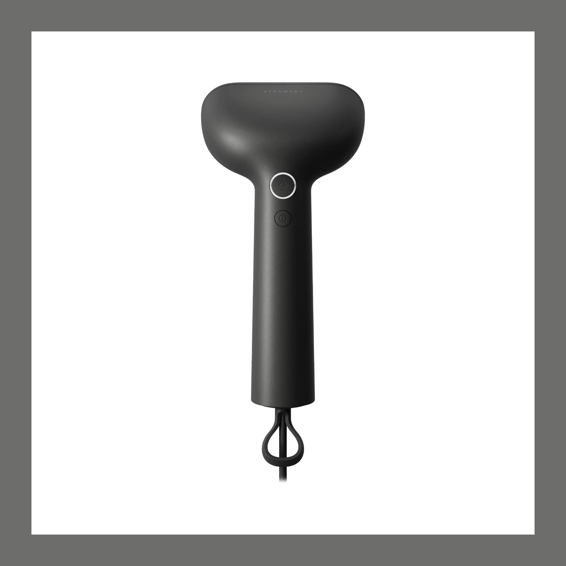 Steamery Cirrus Core handheld clothes steamer in black Onyx with its hanging loop