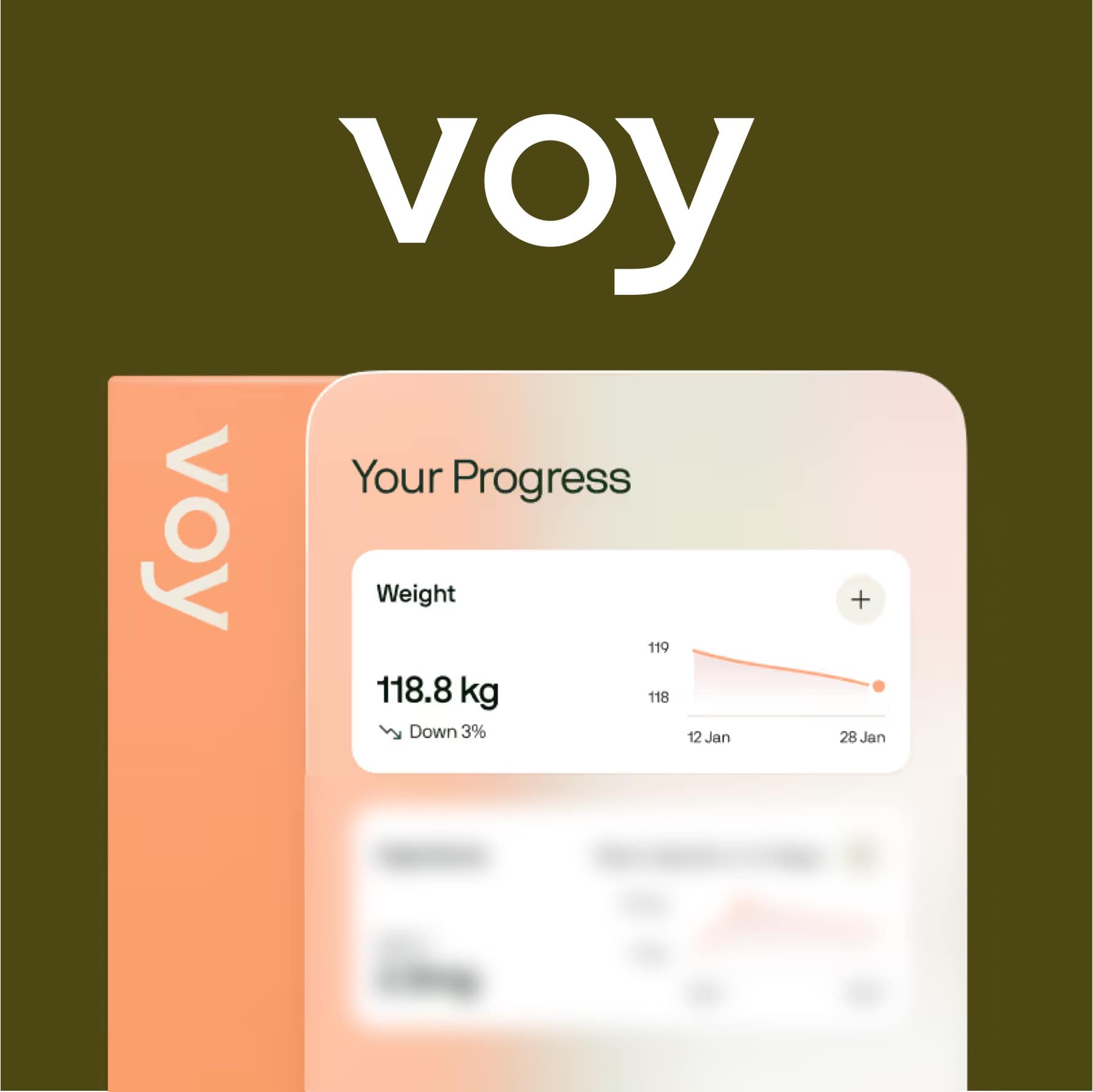 Voy logo above the app's weight progress screen showing a downward weight trend