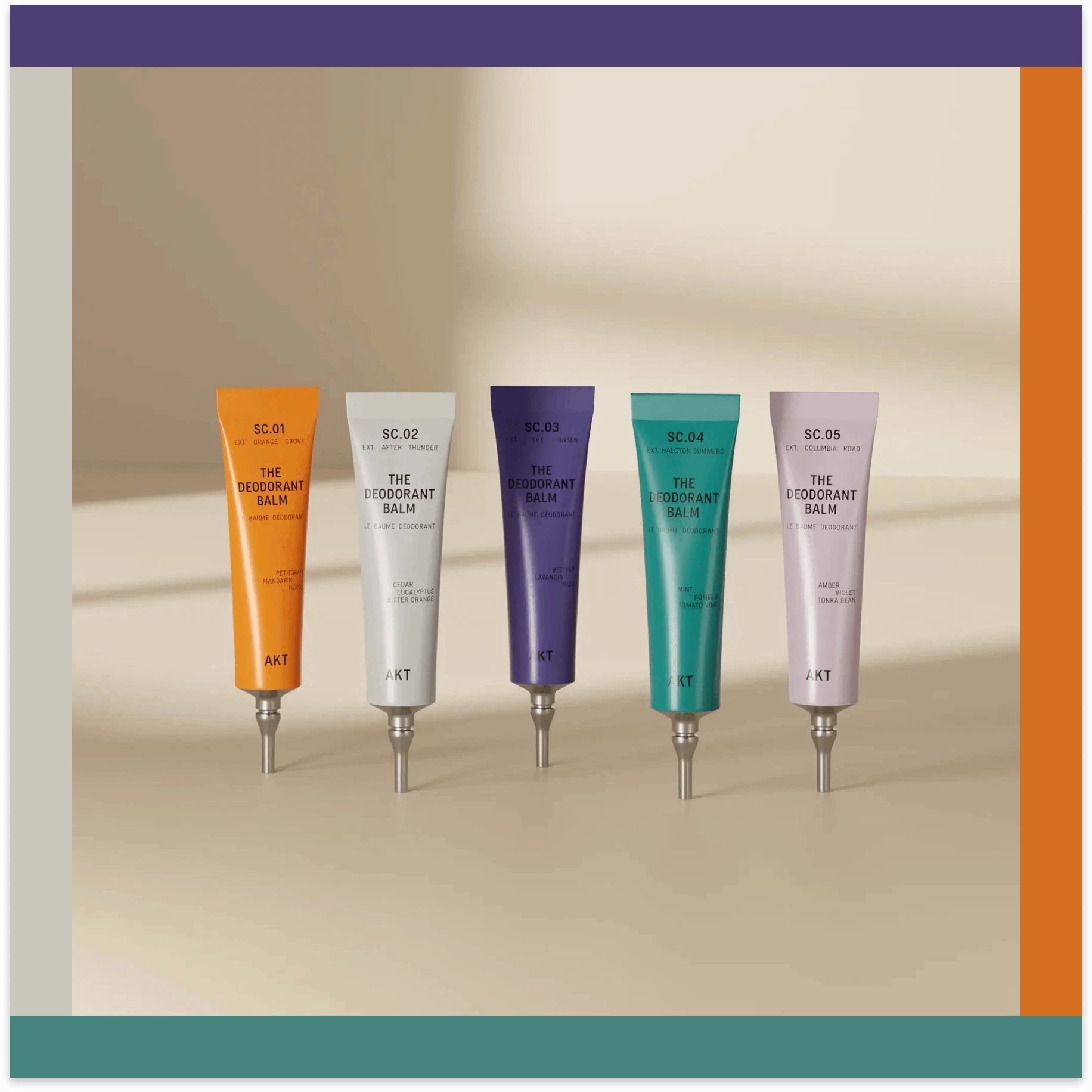 Five AKT London deodorant balm tubes lined up showing scents SC.01 to SC.05 in orange, white, purple, teal, and lilac.