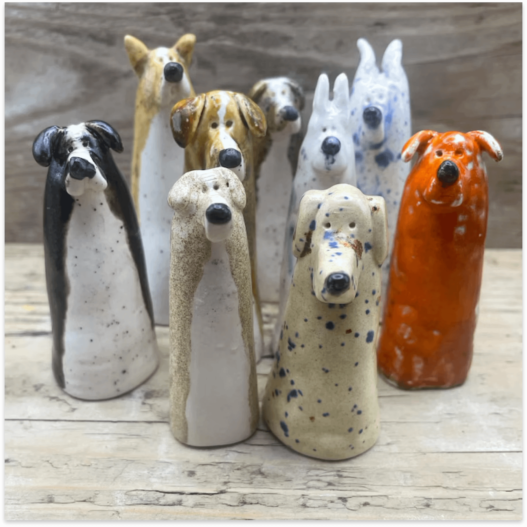 WoodyAndSpud ceramic dogs in mixed handmade glazes, popular gift figurines and Charleston Farmhouse best sellers