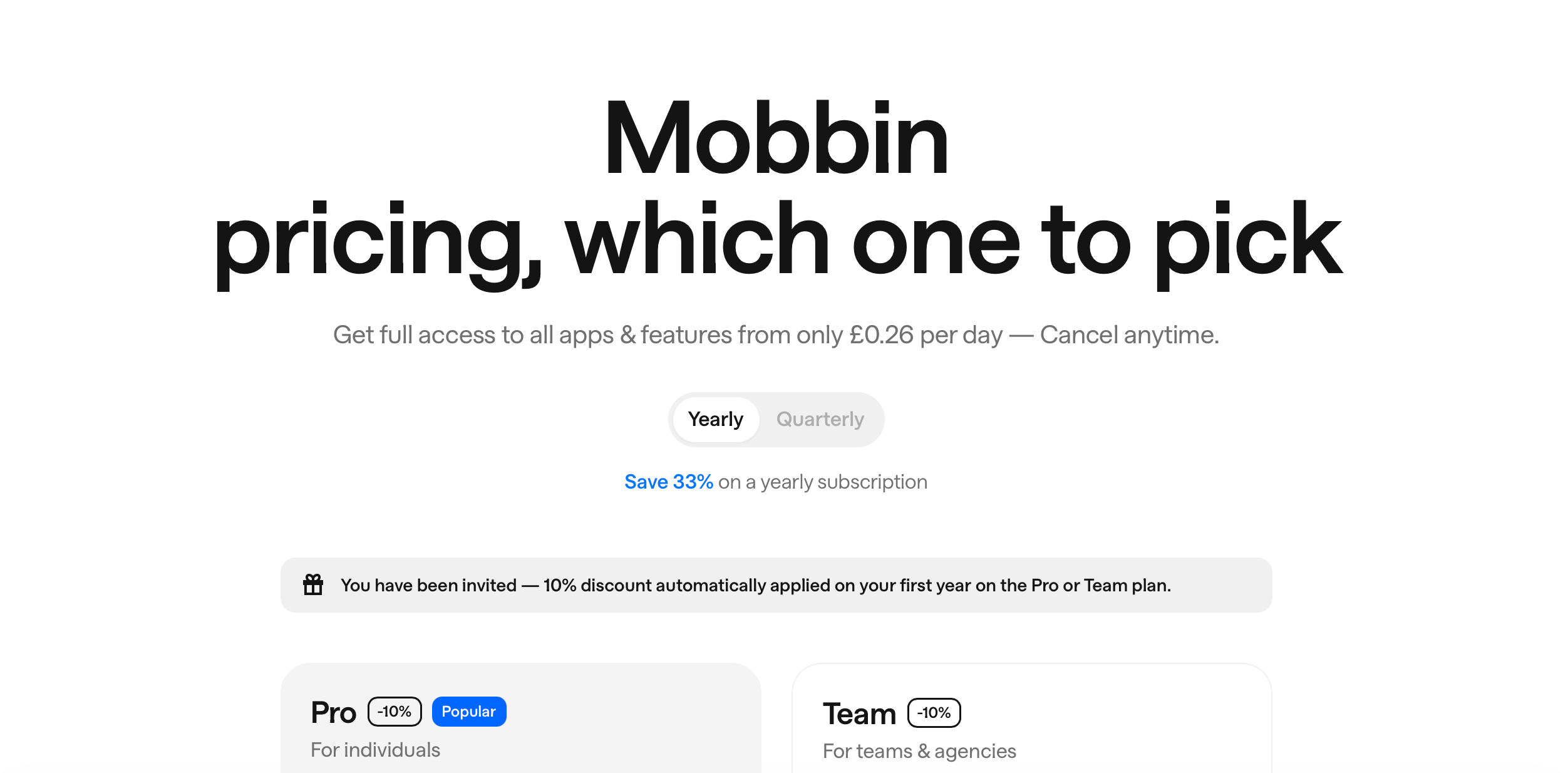 Mobbin pricing with 10% discount applied