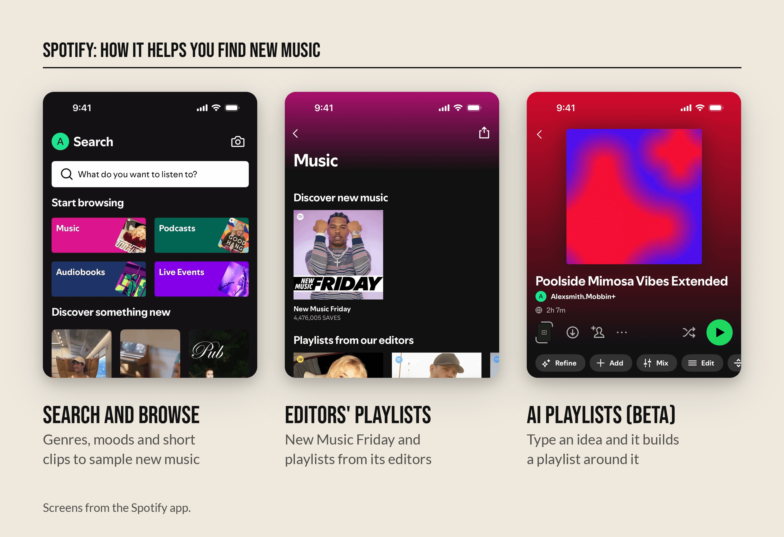 Spotify's search page, its editors' Music hub with New Music Friday, and an AI-built playlist