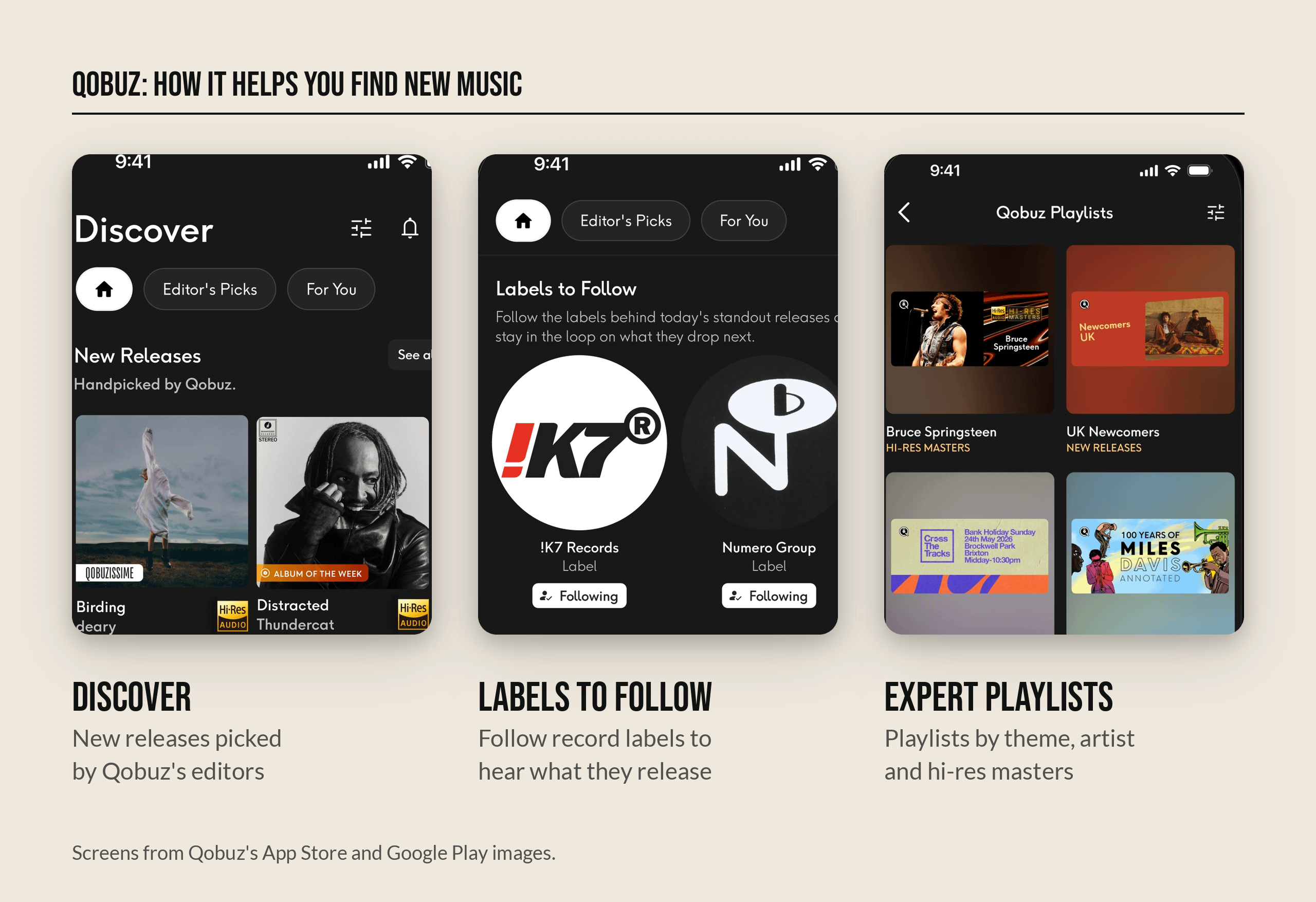 Qobuz's Discover page with editor-picked new releases, its Labels to Follow screen, and its expert playlists