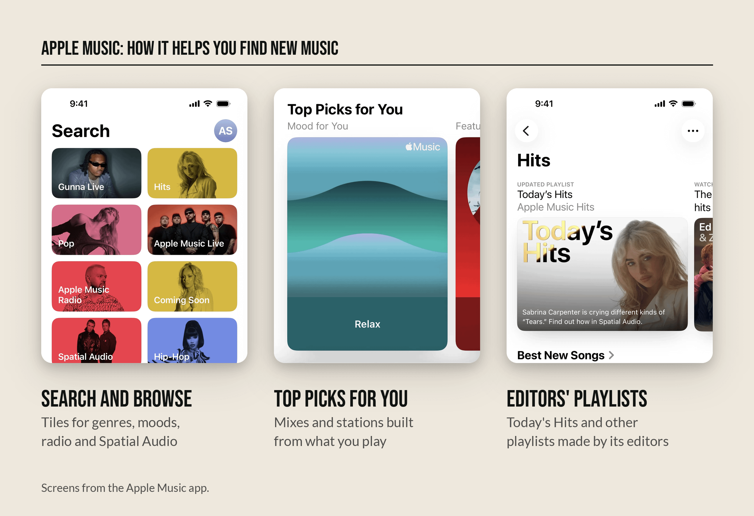Apple Music's search tiles, Top Picks for You on the home screen, and the Today's Hits editors' playlist