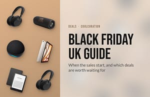 Flatlay of Sony headphones, a JBL speaker, an Echo Dot, an iPad Air and a Kindle beside the headline Black Friday UK Guide