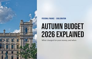 The HM Treasury building in Westminster under a blue sky, beside a frosted panel reading Autumn Budget 2026 explained