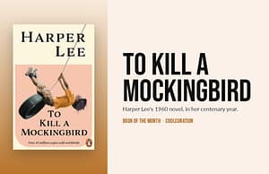 To Kill a Mockingbird paperback cover beside the title text and the Book of the Month label
