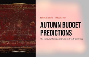 Gladstone's worn red Budget box stamped Chancellor of the Exchequer, beside a frosted panel reading Autumn Budget predictions