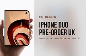 A hand holding a folded iPhone Duo showing its outer screen, beside the headline iPhone Duo pre-order UK