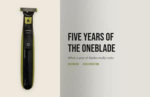 Philips OneBlade trimmer photographed after five years of daily use, with the review title alongside