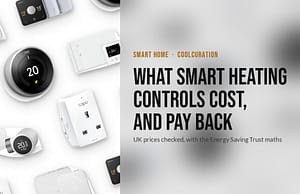 Flatlay of smart heating controls from tado, Hive, Google Nest, Drayton Wiser and a Tapo smart plug