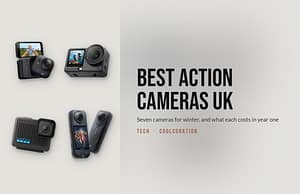 Flatlay of GoPro, DJI and Insta360 action cameras beside the headline Best action cameras UK