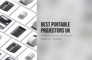Eight portable projectors laid out at an angle beside the guide headline.