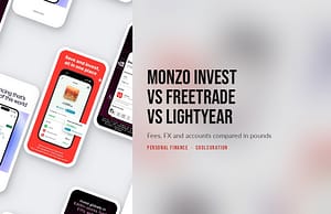 Phones showing the Monzo, Freetrade and Lightyear apps laid at an angle, beside the headline Monzo Invest vs Freetrade vs Lightyear