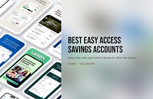 Savings app screens laid at an angle beside the headline Best easy access savings accounts
