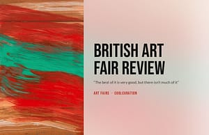 Detail of Howard Hodgkin's Red Flowers print in red, green and brown brushstrokes beside the review title